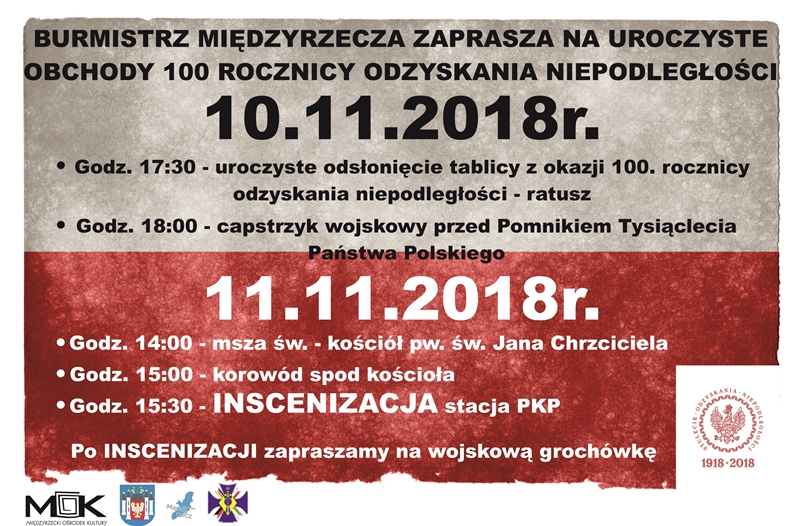 Ilustracja do informacji: Zapraszamy na uroczyste obchody 100. rocznicy Odzyskania Niepodległości 