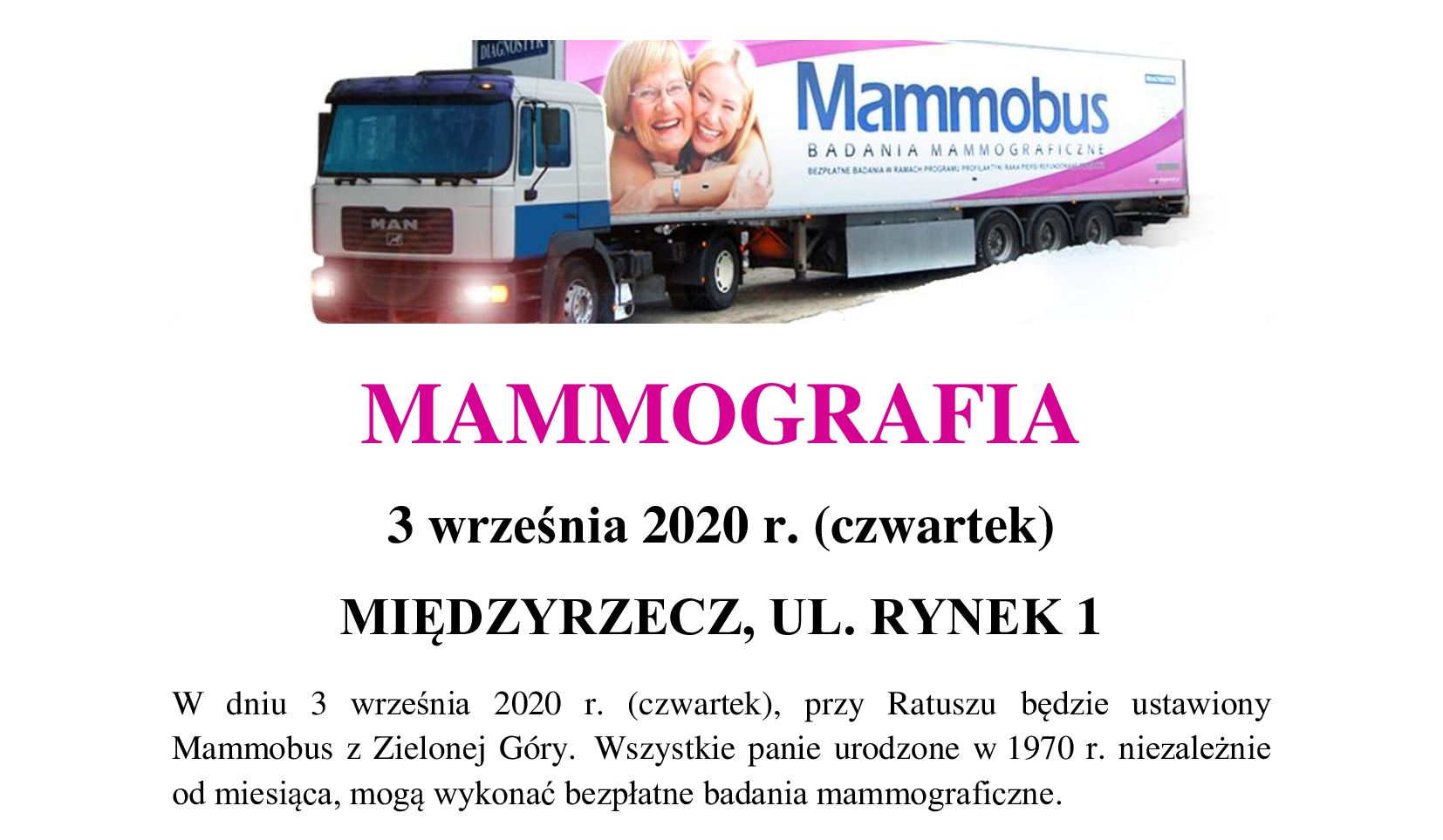 Ilustracja do informacji: Badania mammograficzne w Międzyrzeczu