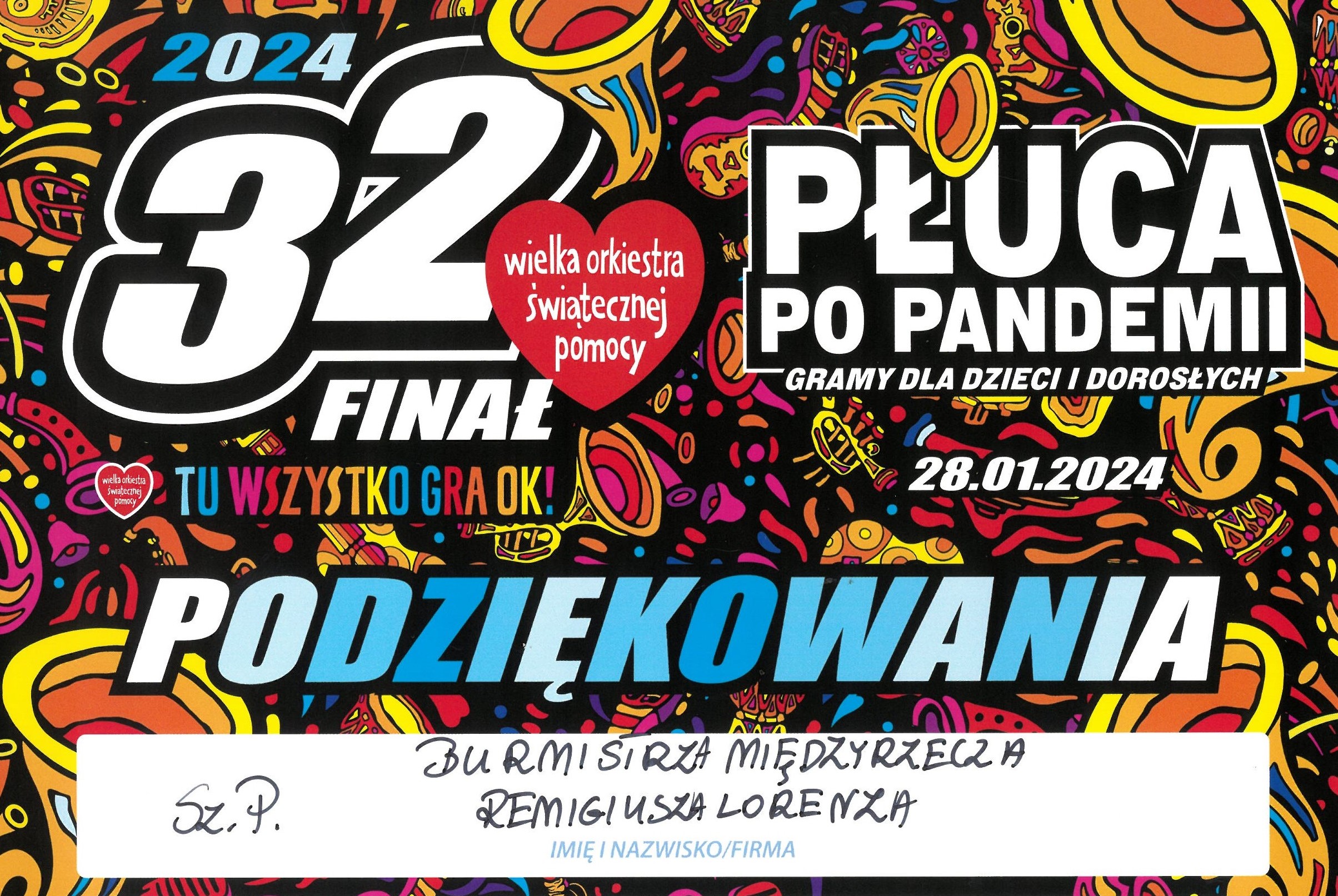 Ilustracja do informacji: Podziękowania dla burmistrza Remigiusza Lorenza od WOŚP