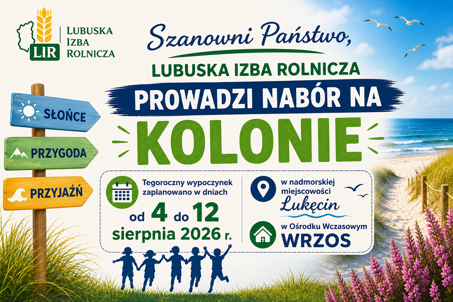 Ilustracja do informacji: Wakacje 2026. Zapisz swoje dziecko na kolonie do Łukęcina!