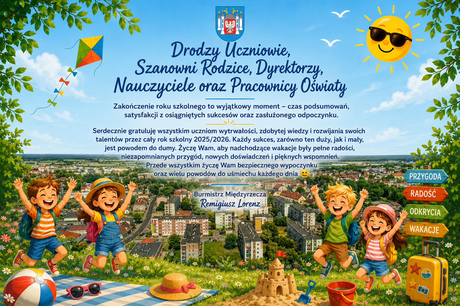 Ilustracja do informacji: Życzenia od burmistrza Remigiusza Lorenza z okazji zakończenia roku szkolnego